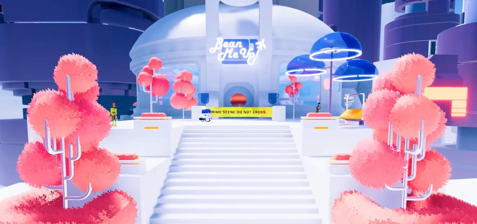 A white stairway between pink topiary trees, up to the domed Bean Me Up café behind crime-scene tape
