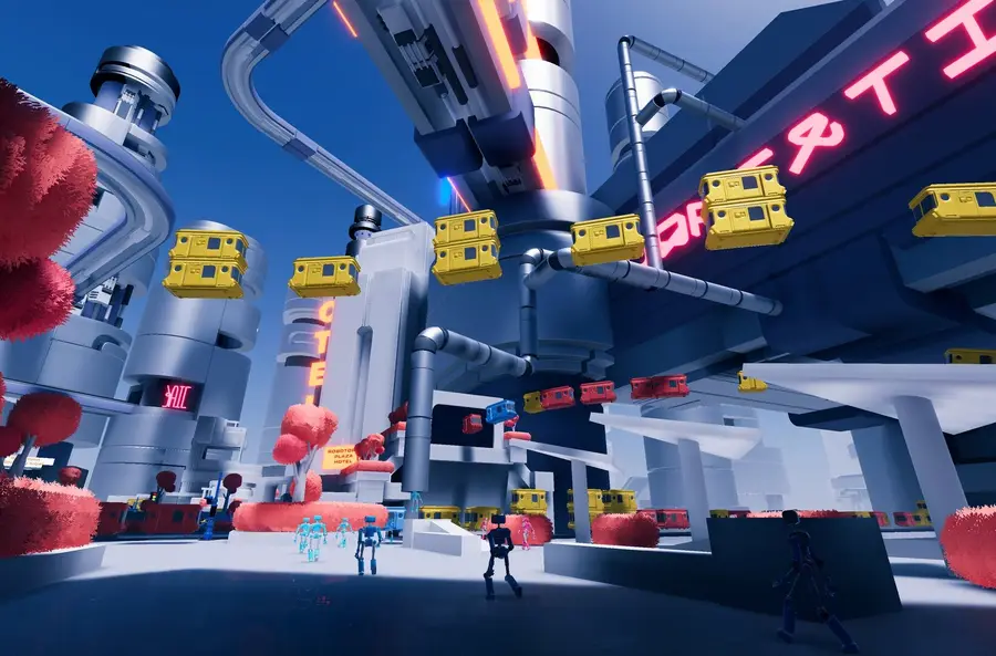 The Robotopia Plaza Hotel district: robots crossing a plaza under pipes, monorails and yellow pods