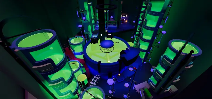 Glowing green vats rising through a dark industrial interior