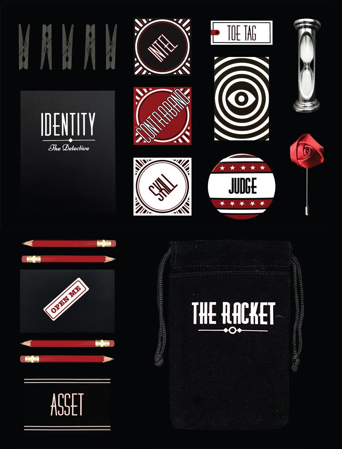 The Racket's printed materials, props, and velvet bag